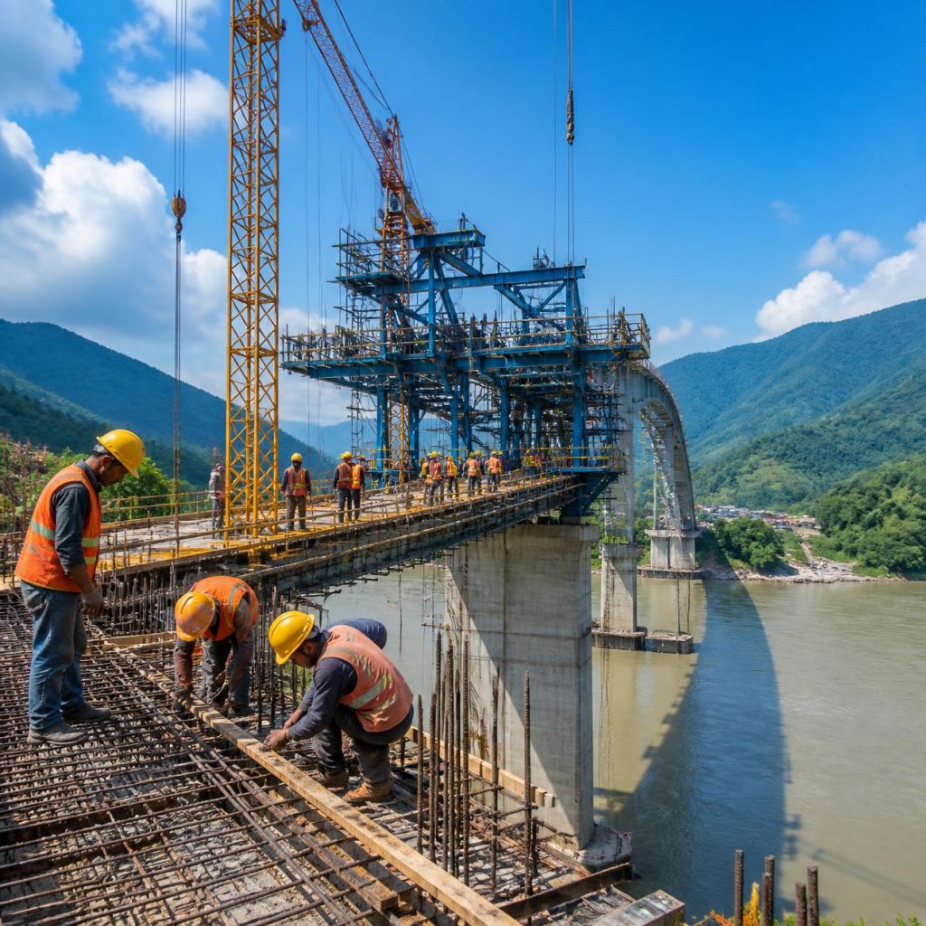 bridge construction. labours are constructing bridge over a river.